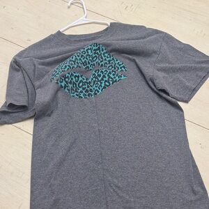 Gray T-Shirt with Teal Leopard Print Lips